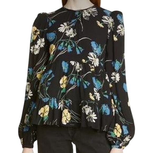 ByTiMo NWT Black Floral Bubble Crepe Blouse Daisy Size S Long Sleeve Round Neck - Picture 1 of 10